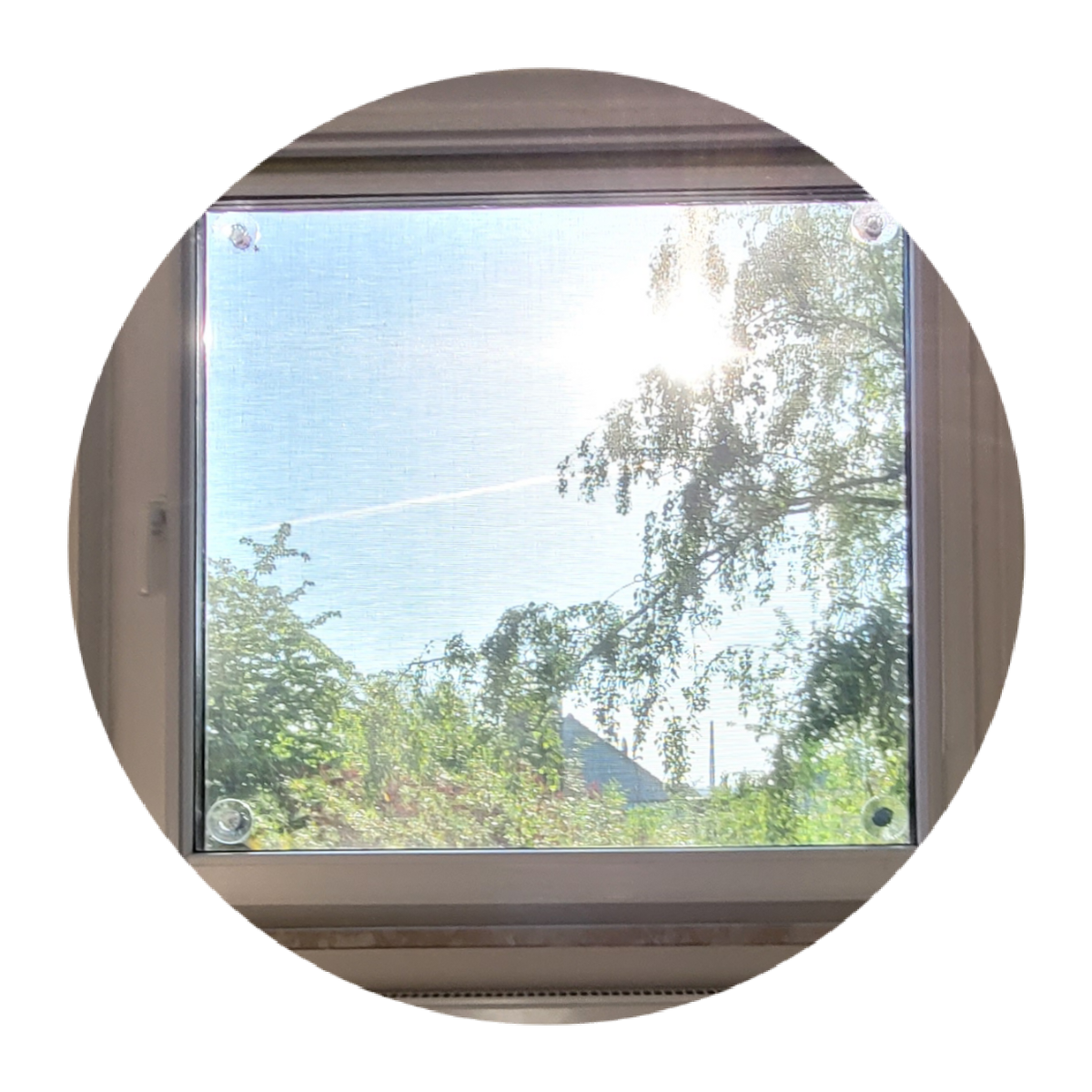Fenster, innen. Blick in den Garten, mit schwarzen Sonnenschutz außen.