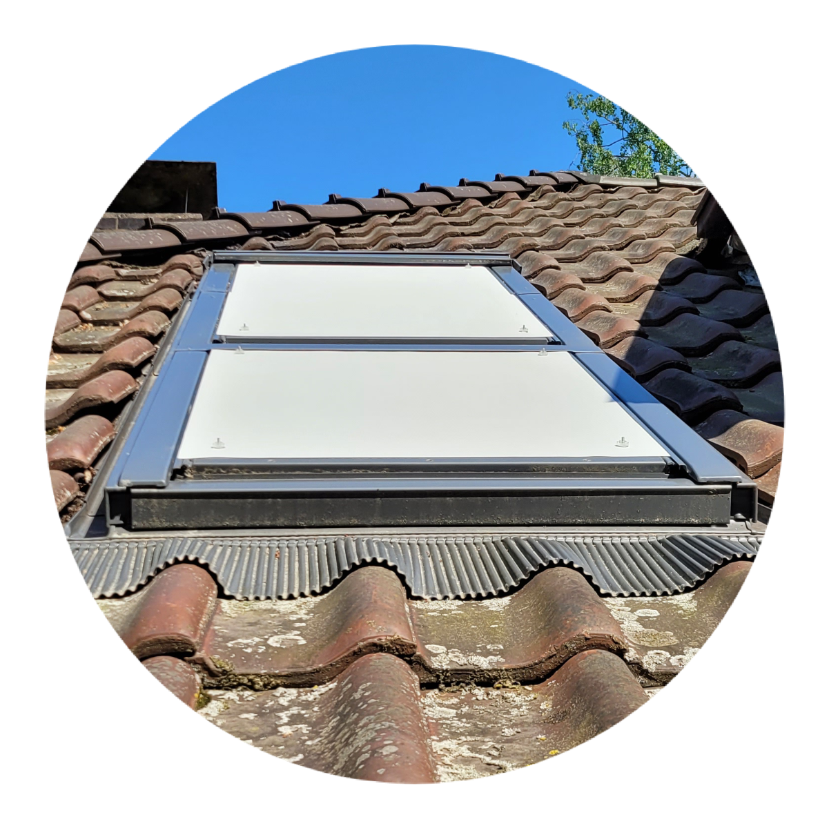 Dachfenster, Außenansicht, mit weißem Sonnenschutzscreen.